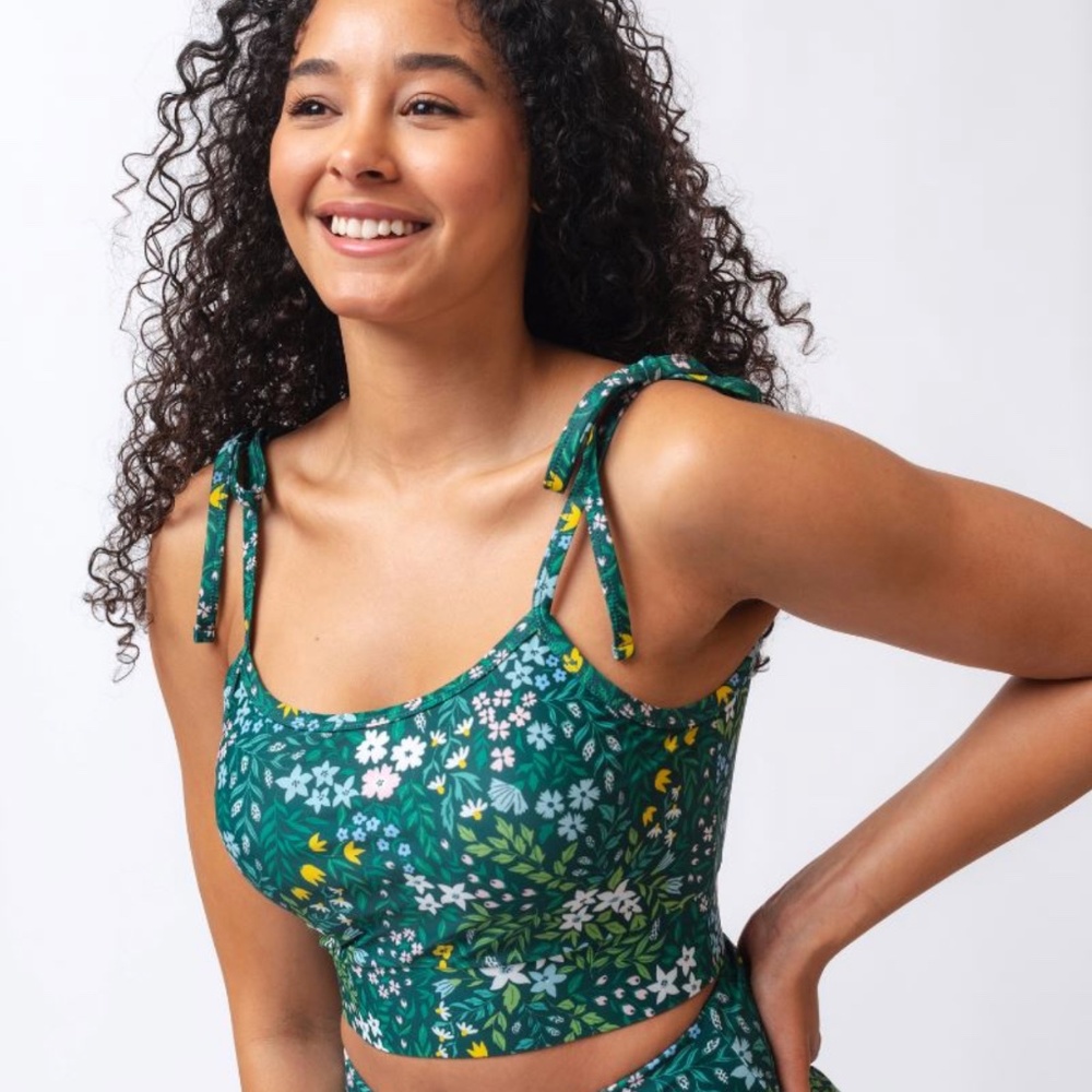 Lime Ricki cottage floral shoulder tie swim crop top